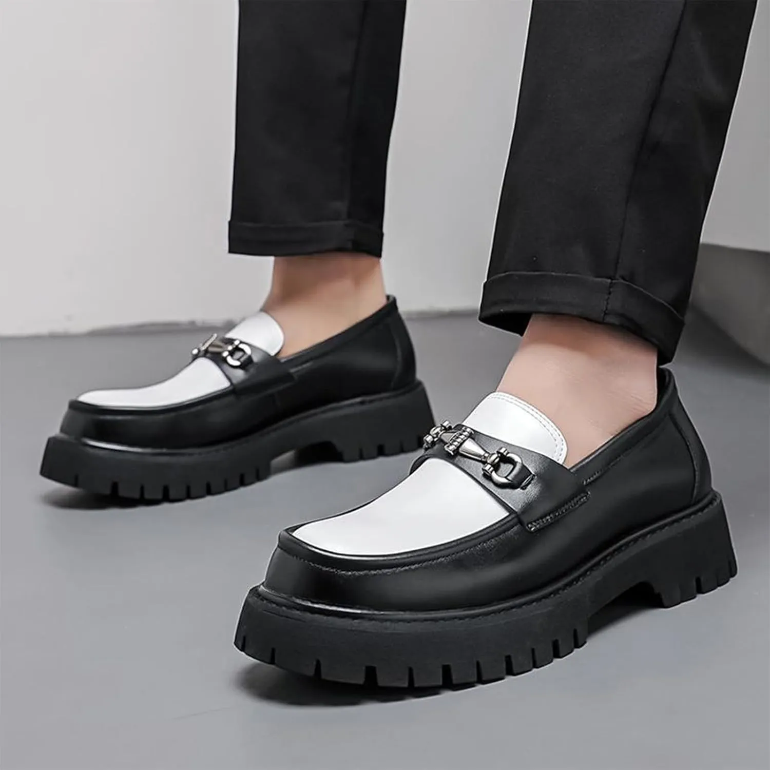 XENTORD Men's Patent Leather Platform Loafers Comfort Non-Slip Lug Sole Slip-On Dress Shoes with Metal Horsebit Detail for Business Office & Casual