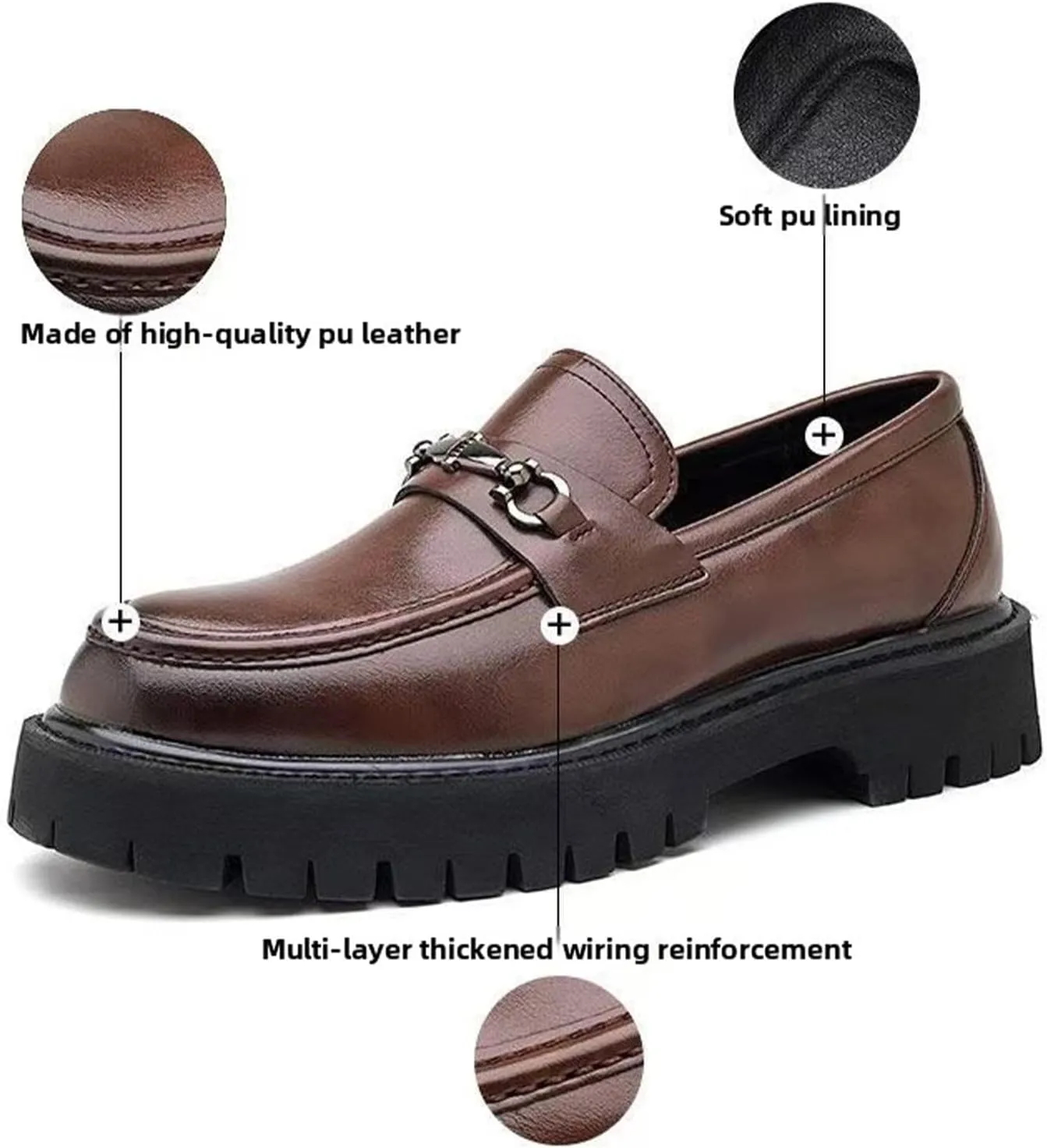 XENTORD Men's Patent Leather Platform Loafers Comfort Non-Slip Lug Sole Slip-On Dress Shoes with Metal Horsebit Detail for Business Office & Casual