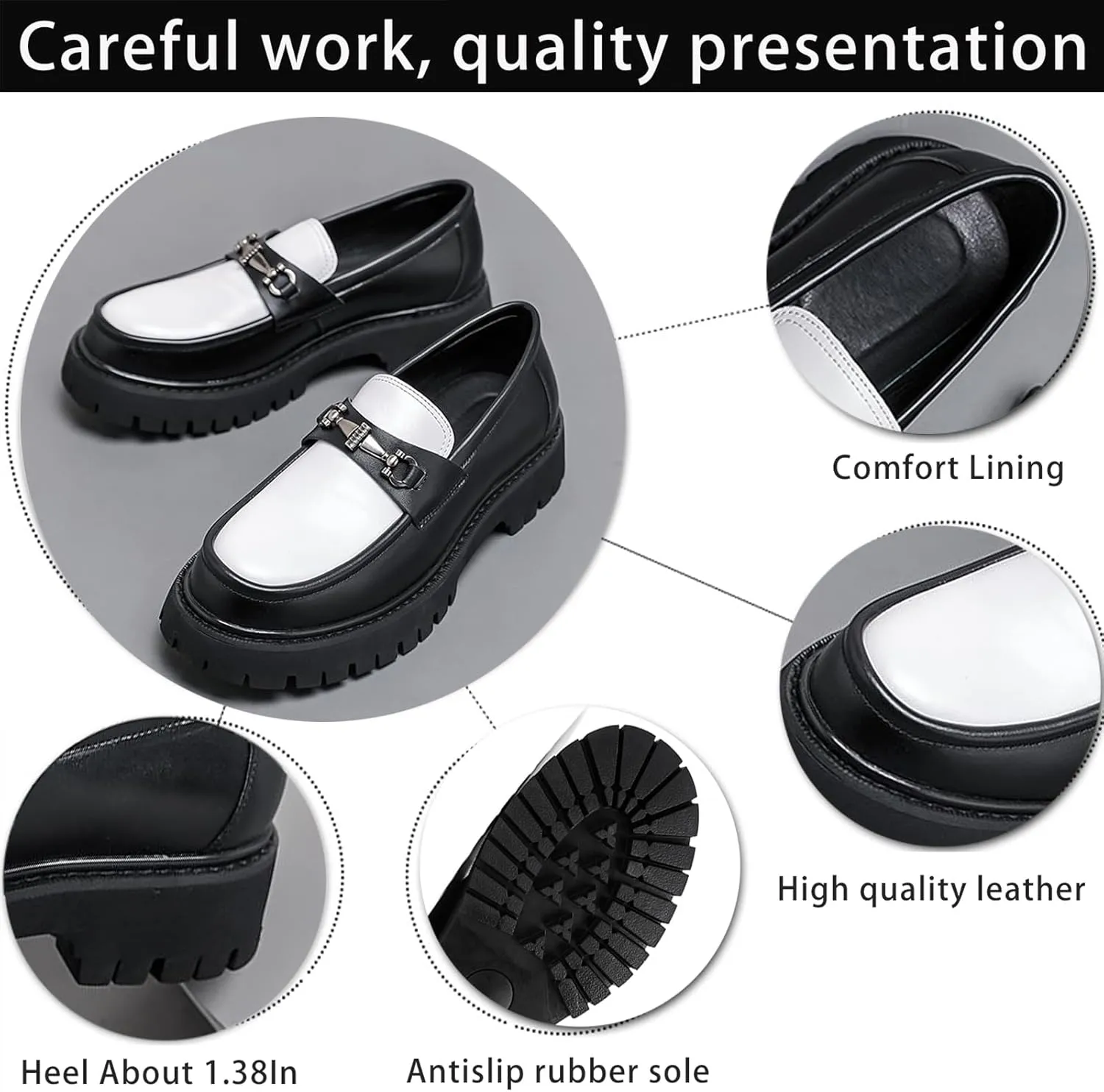 XENTORD Men's Patent Leather Platform Loafers Comfort Non-Slip Lug Sole Slip-On Dress Shoes with Metal Horsebit Detail for Business Office & Casual